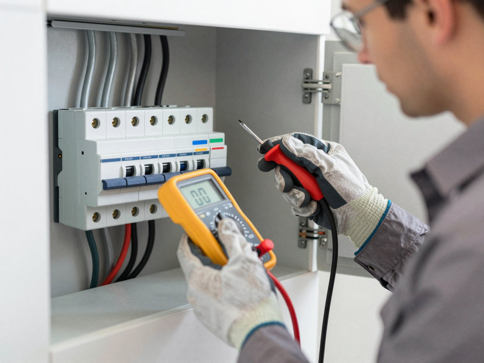 Professional electrician installing circuit breaker panel